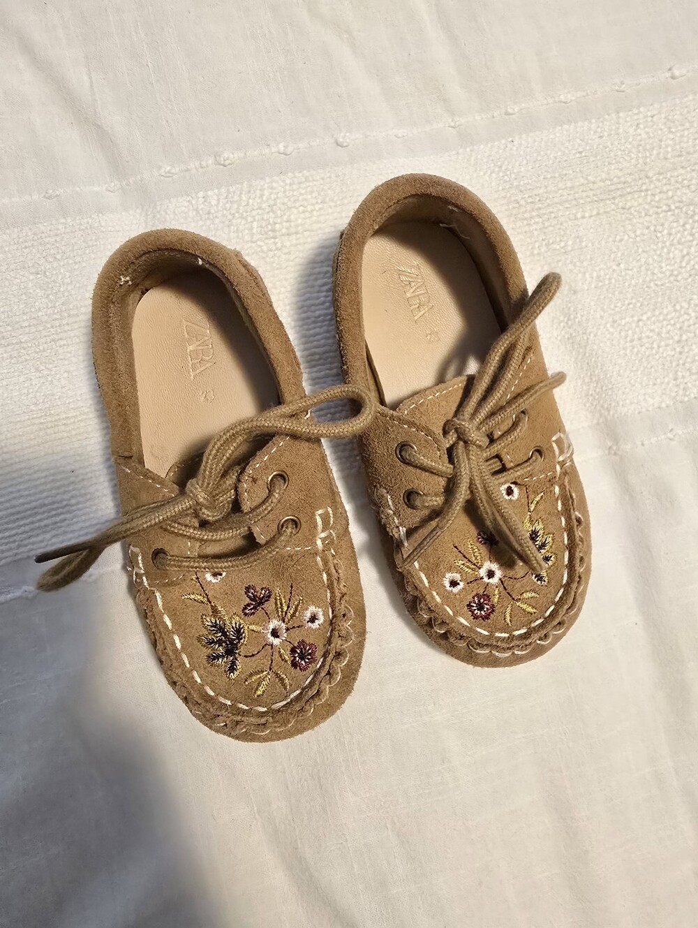 Zara Kids Brown Suede Floral Embroidered Moccasins